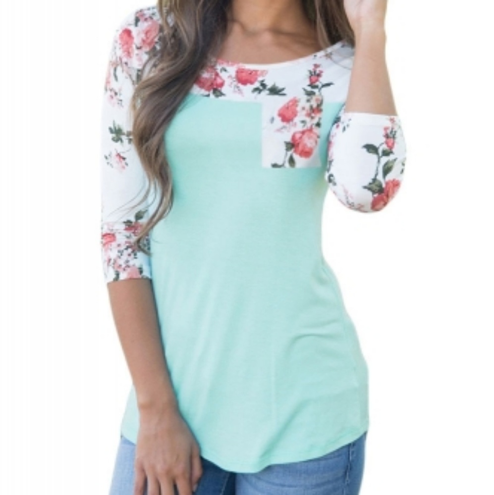 Floral Printed Baby Blue Womens Top - Picture 2 of 3